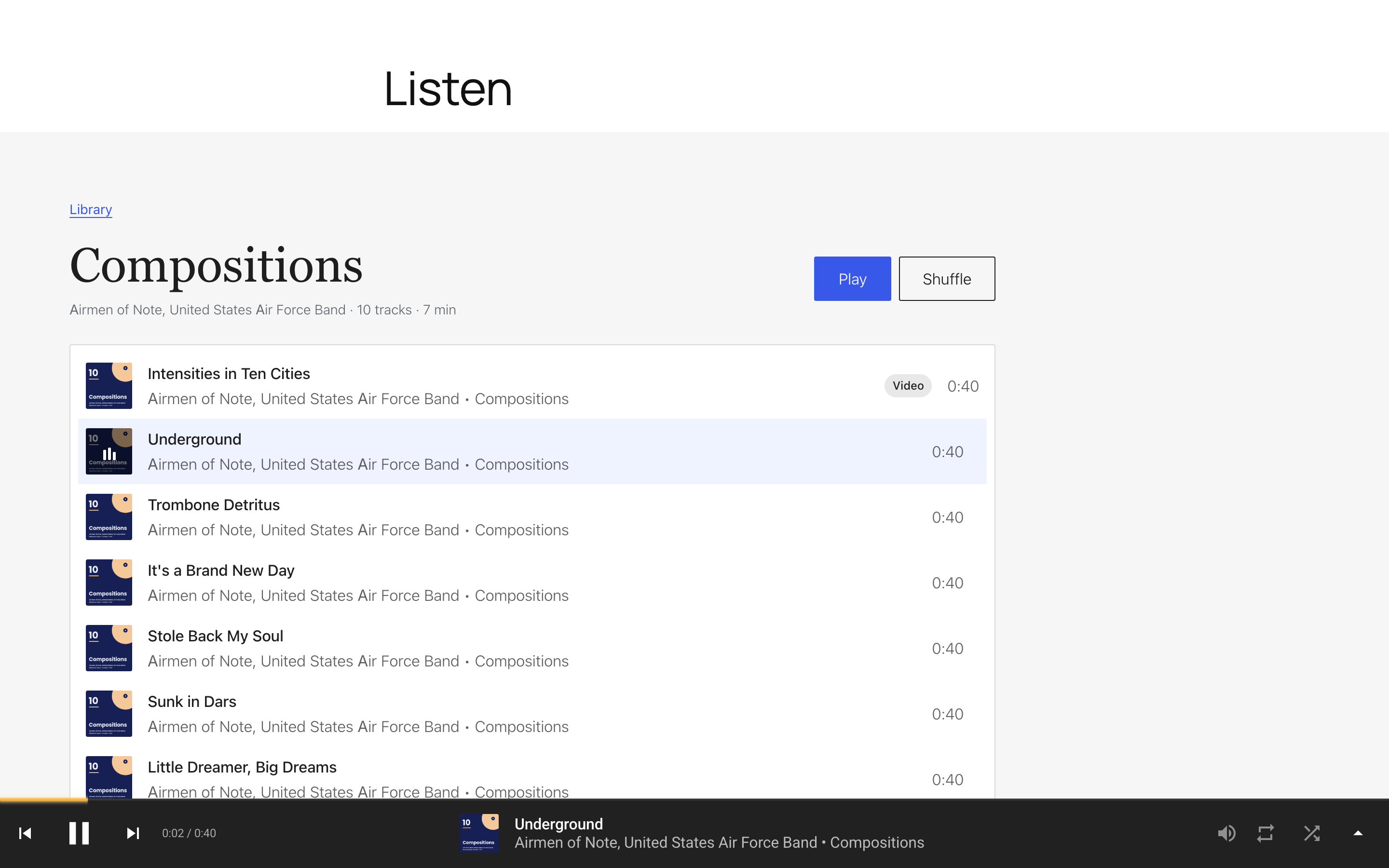 The Listen page: a post open inside the library, its tracks listed, one playing in the bar